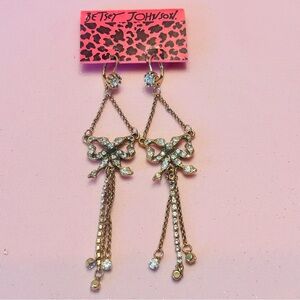Betsey Johnson Gold and Silver Bow Chain Rhinestone Earrings Holiday NWT